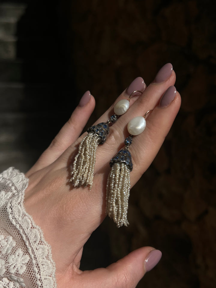 Outstanding 19th Century Pearl Tassel Earrings in 14ct with Sapphires