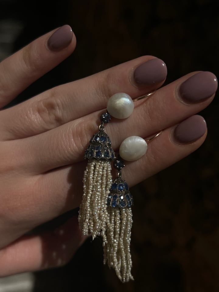 Outstanding 19th Century Pearl Tassel Earrings in 14ct with Sapphires