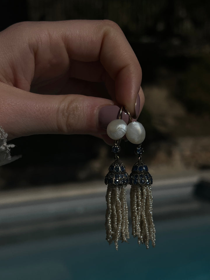 Outstanding 19th Century Pearl Tassel Earrings in 14ct with Sapphires