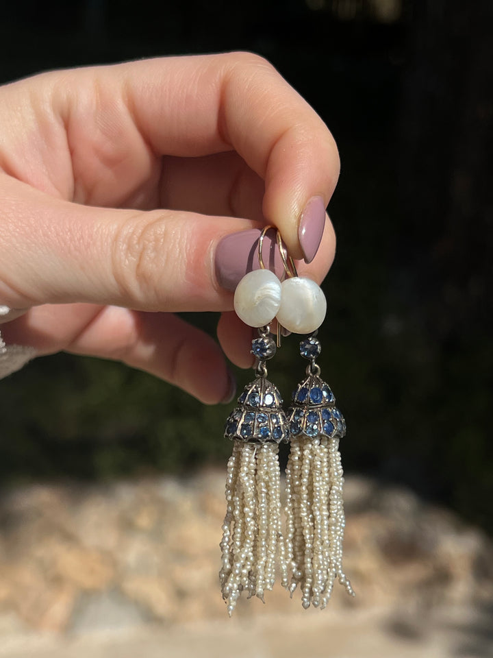 Outstanding 19th Century Pearl Tassel Earrings in 14ct with Sapphires