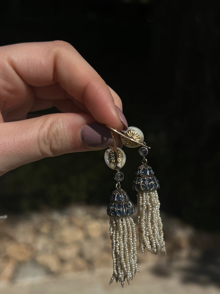 Outstanding 19th Century Pearl Tassel Earrings in 14ct with Sapphires