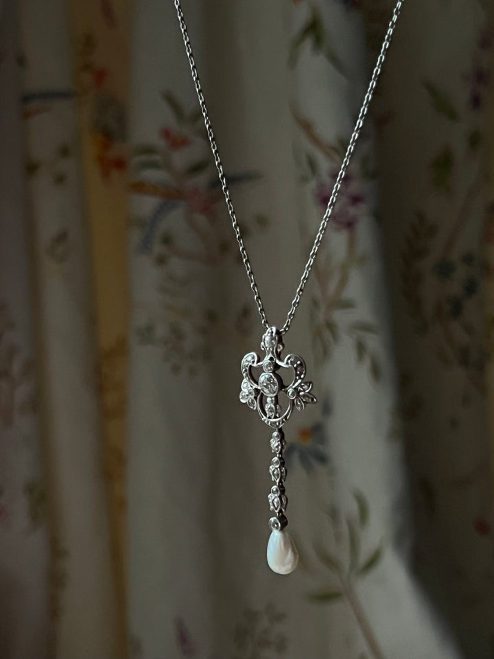 Outstanding 18ct Yellow Gold and Platinum, Diamond and Pearl Belle Epoque Bow Pendant