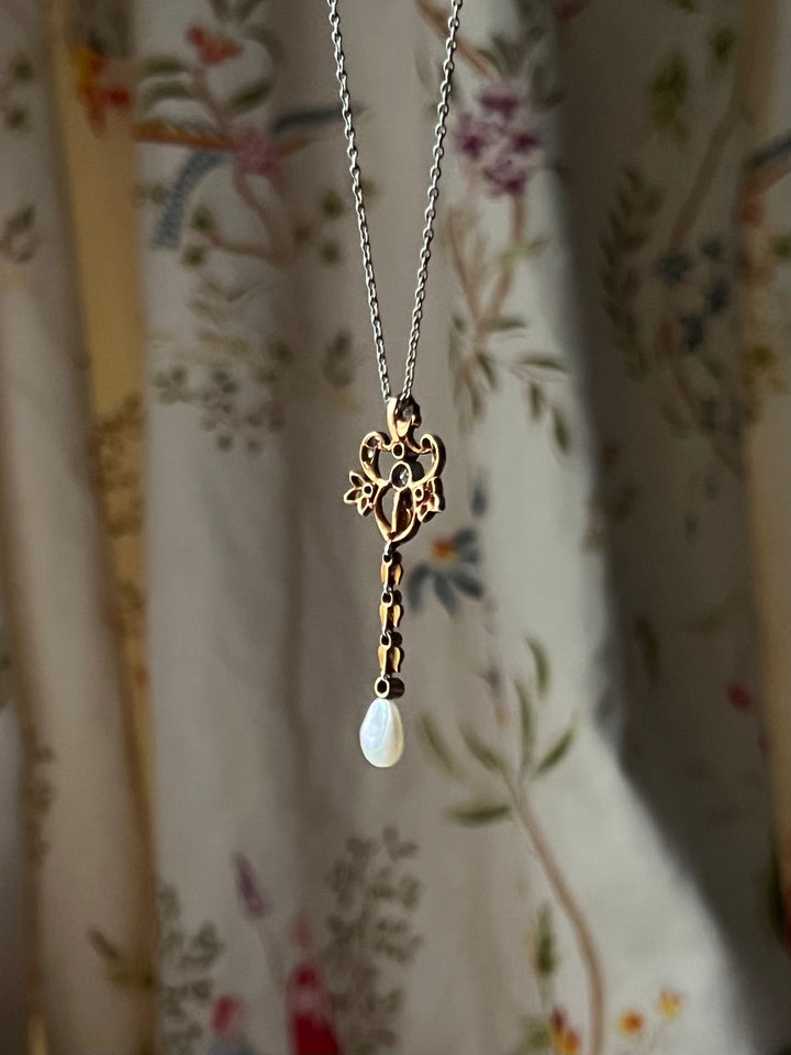 Outstanding 18ct Yellow Gold and Platinum, Diamond and Pearl Belle Epoque Bow Pendant