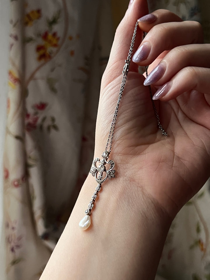 Outstanding 18ct Yellow Gold and Platinum, Diamond and Pearl Belle Epoque Bow Pendant