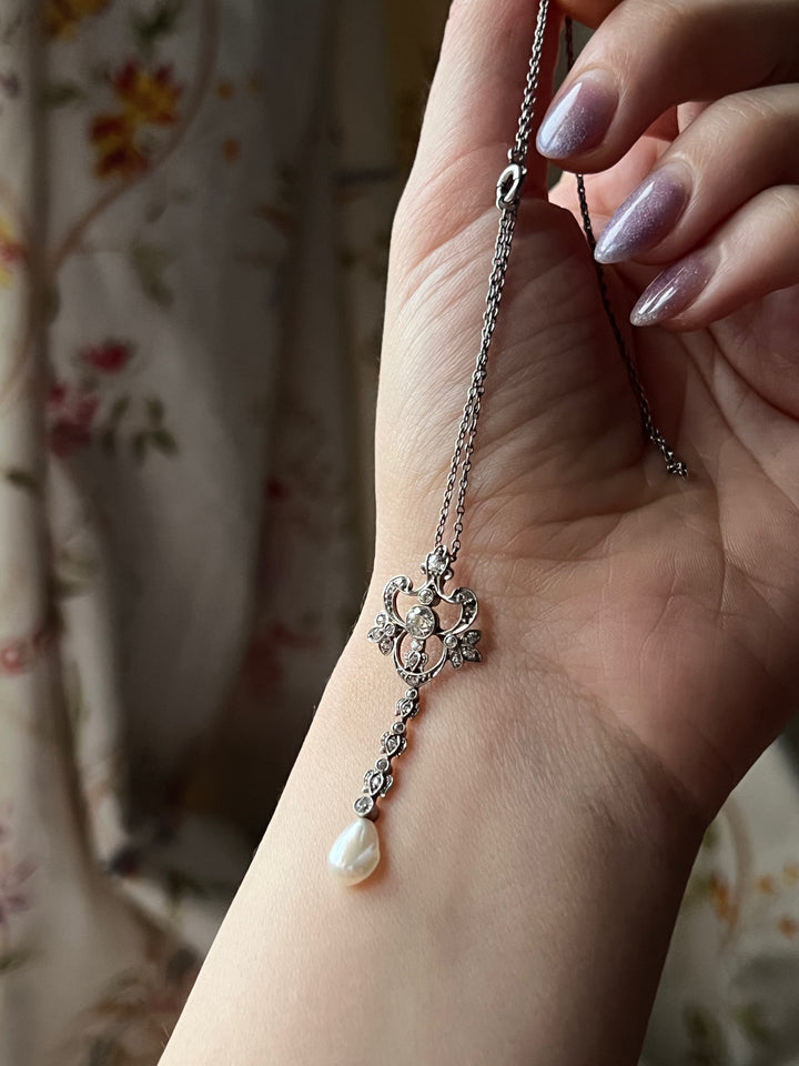 Outstanding 18ct Yellow Gold and Platinum, Diamond and Pearl Belle Epoque Bow Pendant