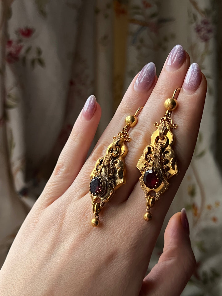 Outrageous Pair of Etruscan Revival Garnet Earrings