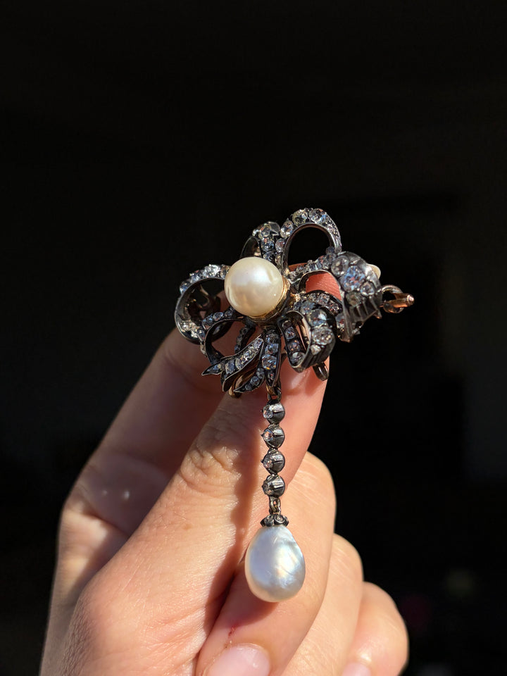 Splendid Napoleon III Period Natural Pearl Drop Brooch 6.11ctw Diamonds GIA Certified
