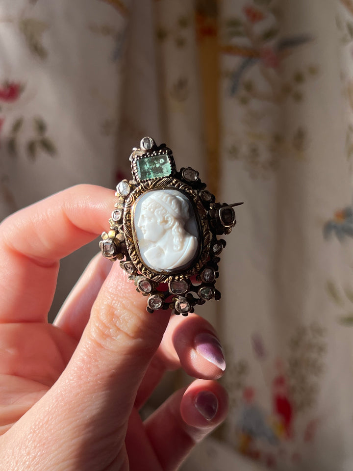 Outstanding 18th Century Hardstone Cameo with Emerald and Diamond