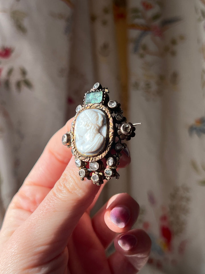 Outstanding 18th Century Hardstone Cameo with Emerald and Diamond