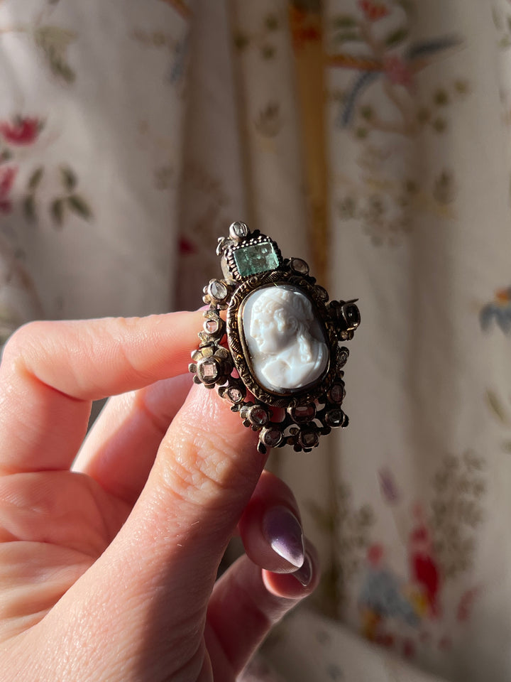 Outstanding 18th Century Hardstone Cameo with Emerald and Diamond