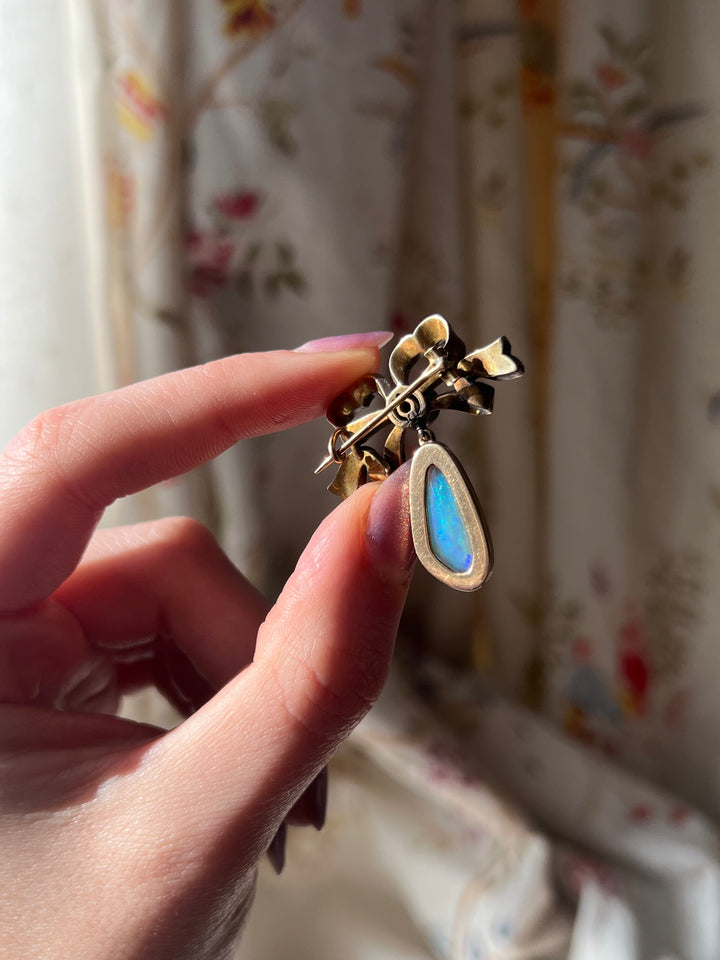 Exceptional Late 19th C and Diamond Bow and Opal Pendant