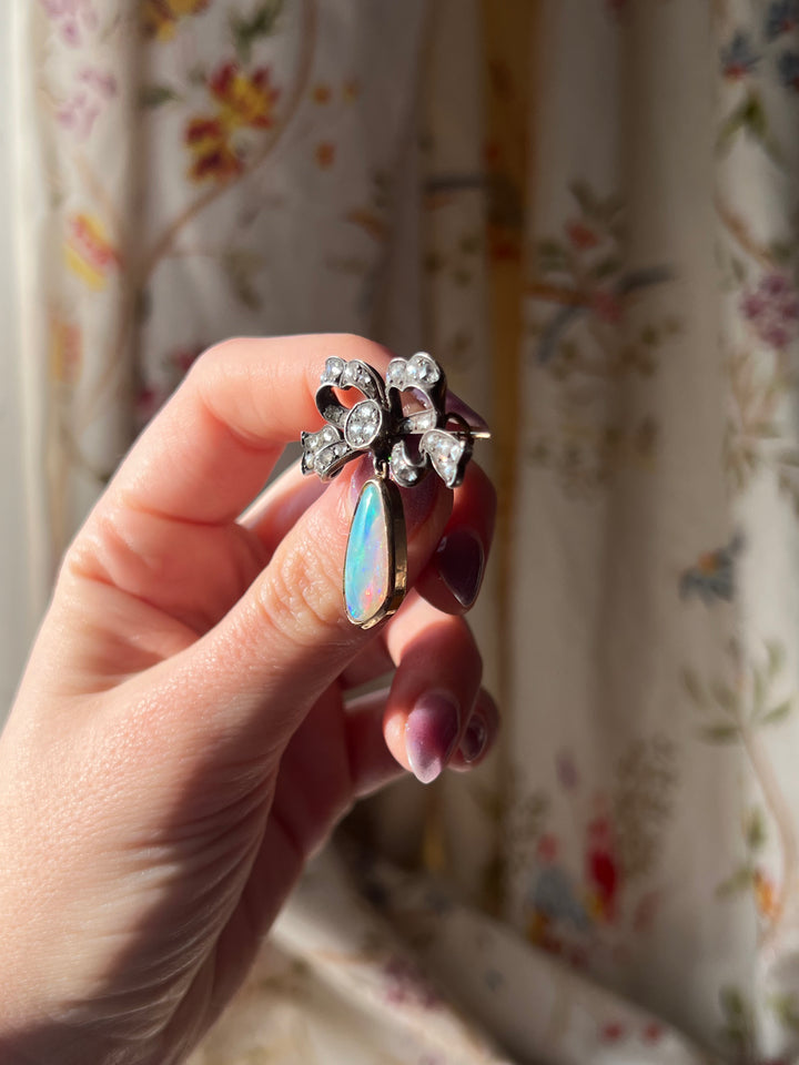 Exceptional Late 19th C and Diamond Bow and Opal Pendant