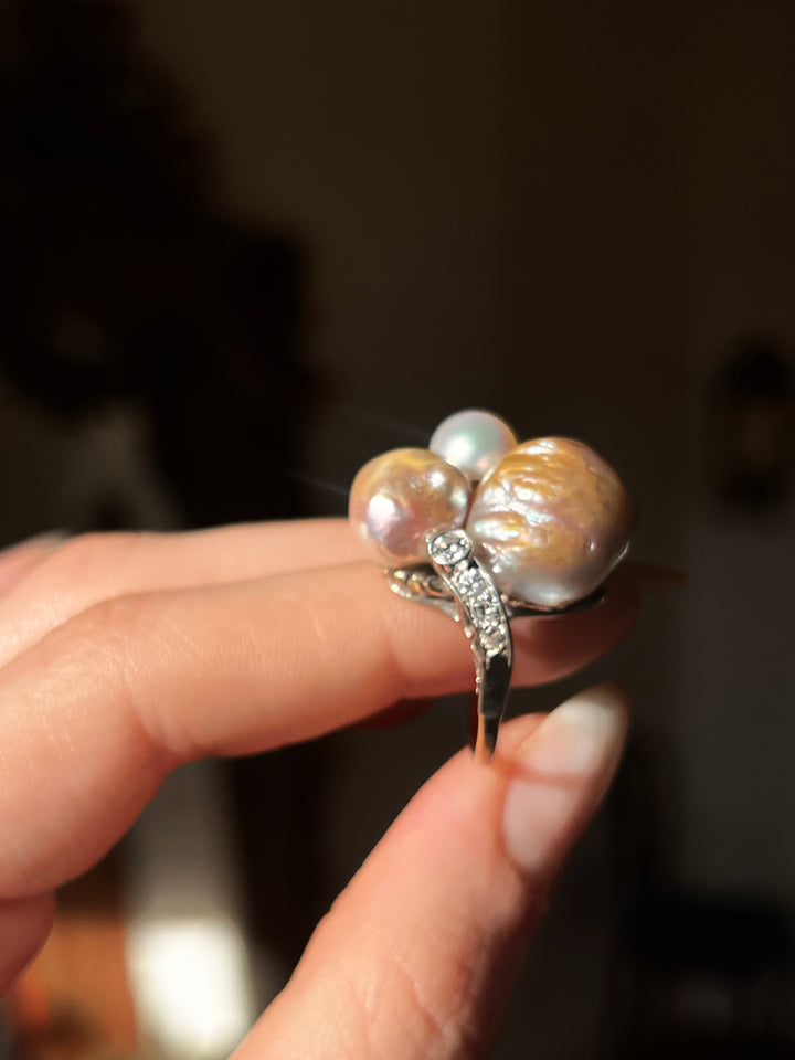 Exceptional Diamond & Baroque Pearl Cocktail Ring with GIA Certification