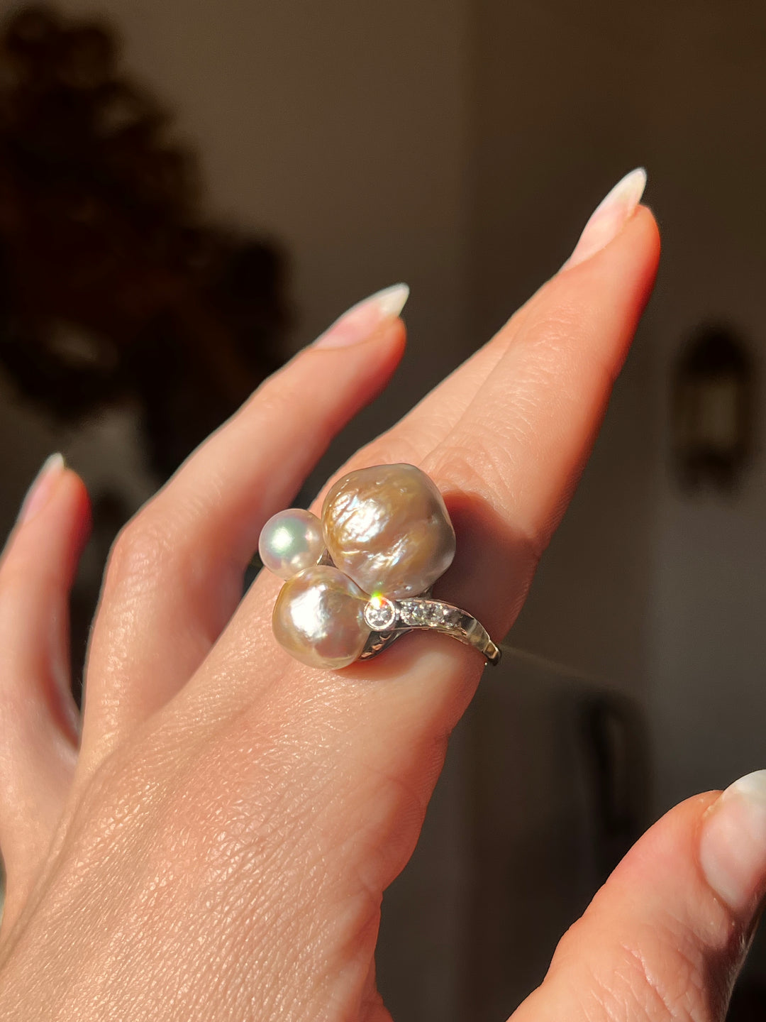 Exceptional Diamond & Baroque Pearl Cocktail Ring with GIA Certification