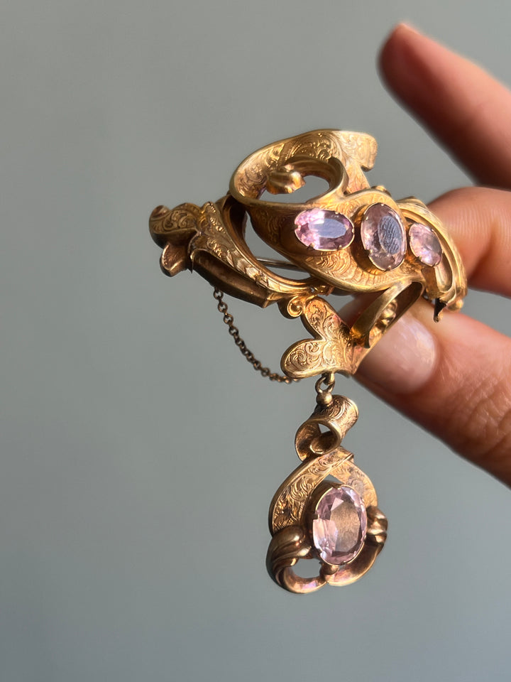 Rare Pink Topaz Rococo Revival Brooch C. 1850