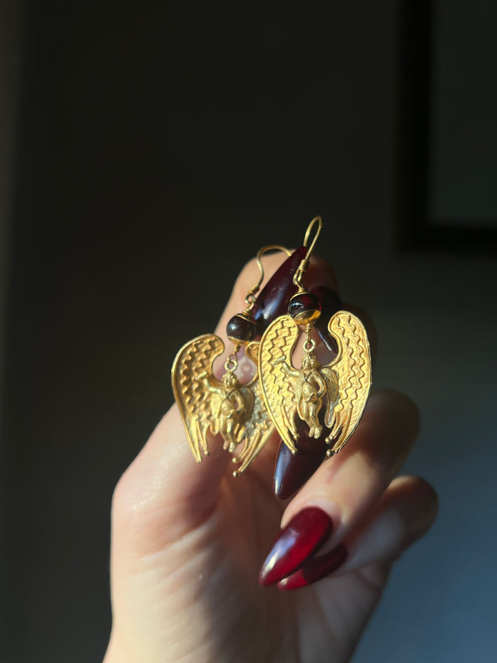Etruscan Revival Angel Earrings With Garnet Beads
