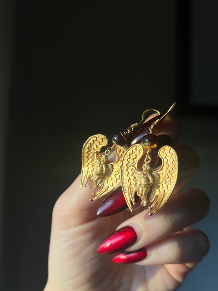 Etruscan Revival Angel Earrings With Garnet Beads