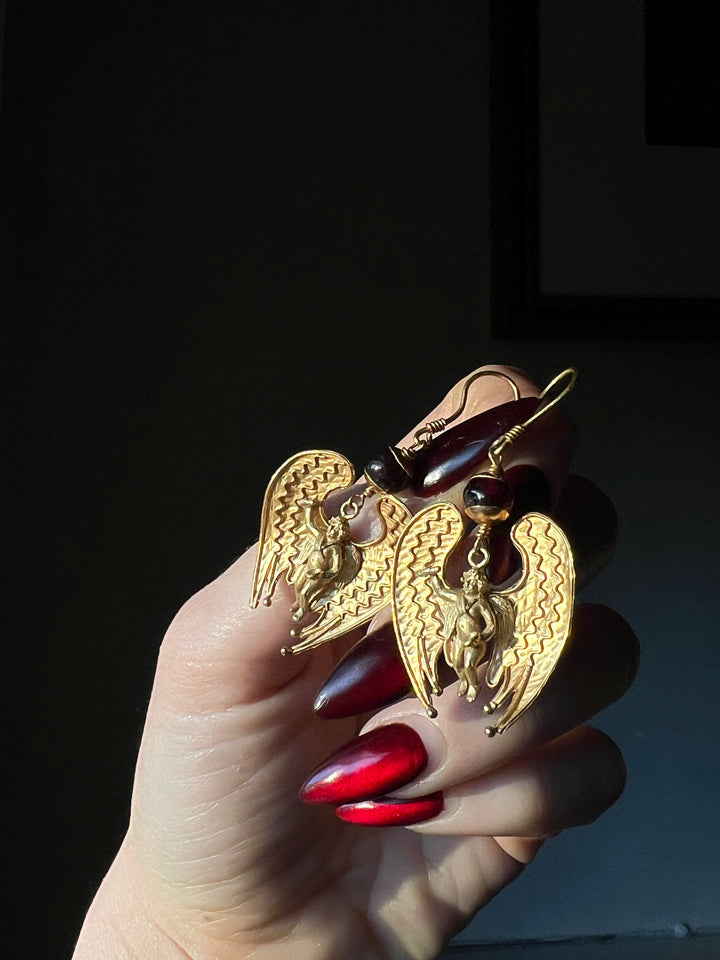Etruscan Revival Angel Earrings With Garnet Beads