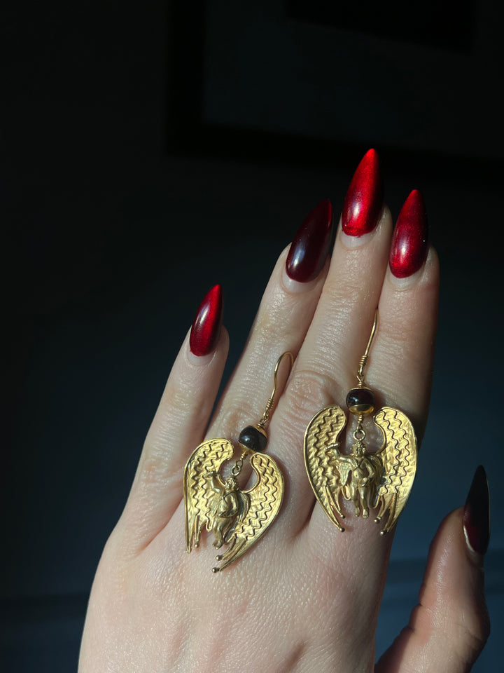 Etruscan Revival Angel Earrings With Garnet Beads
