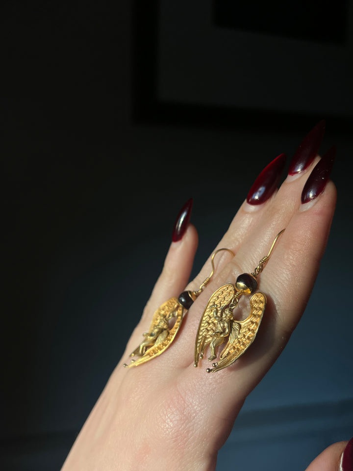 Etruscan Revival Angel Earrings With Garnet Beads
