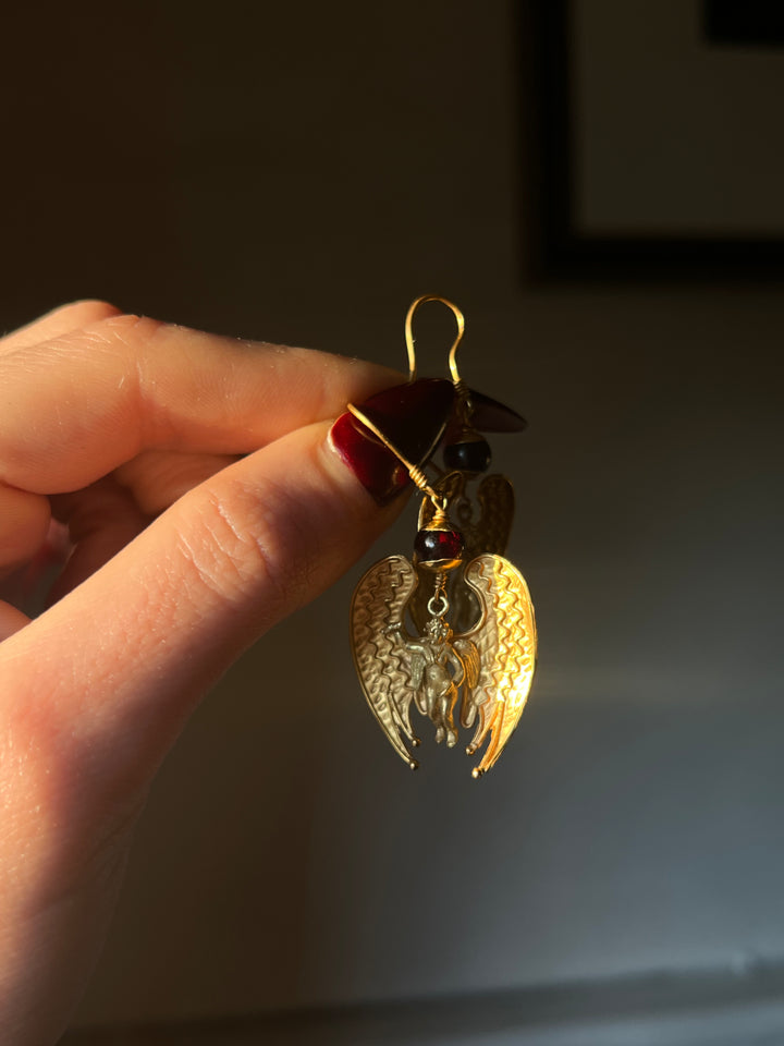 Etruscan Revival Angel Earrings With Garnet Beads