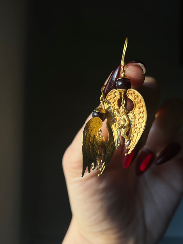 Etruscan Revival Angel Earrings With Garnet Beads
