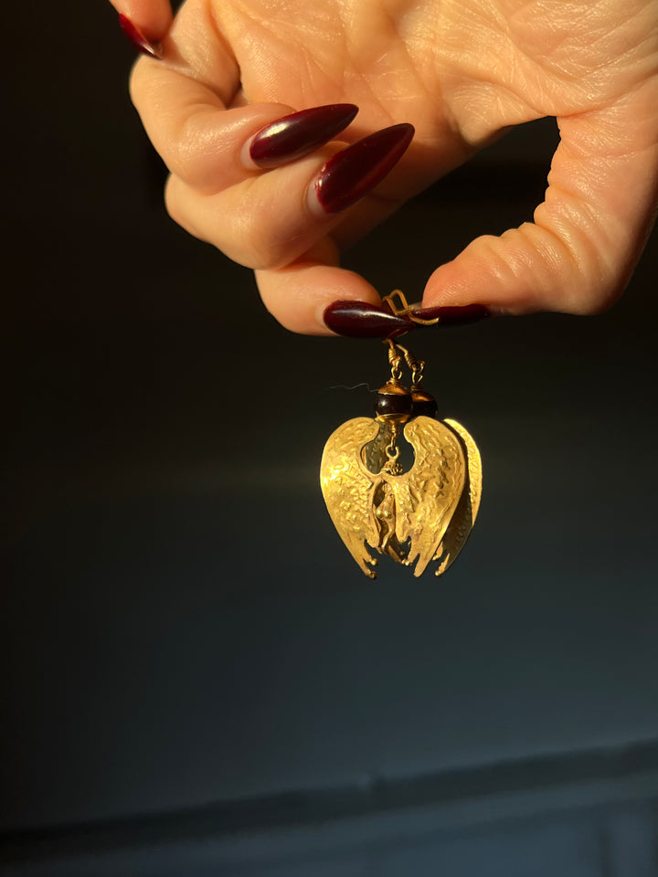 Etruscan Revival Angel Earrings With Garnet Beads