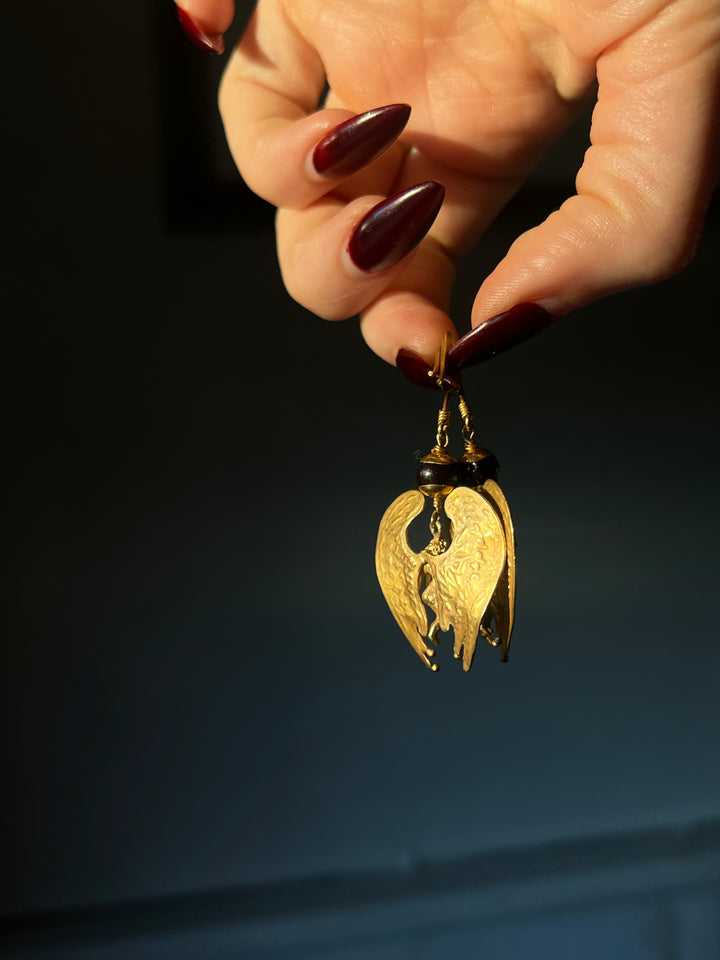 Etruscan Revival Angel Earrings With Garnet Beads