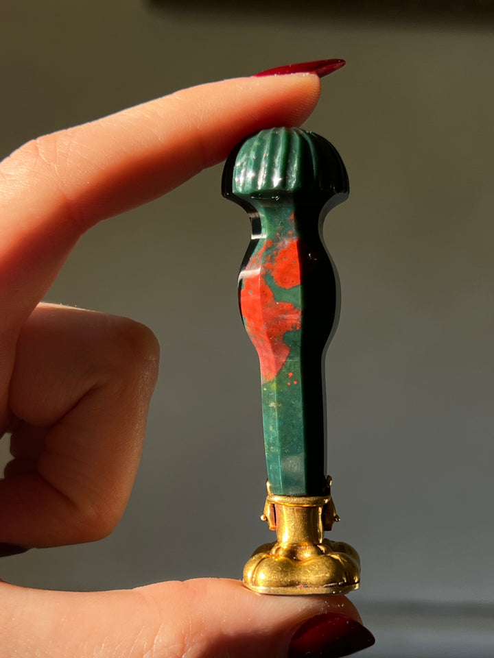 Antique bloodstone desk seal with 15ct gold snake embellishments and detailed handle design