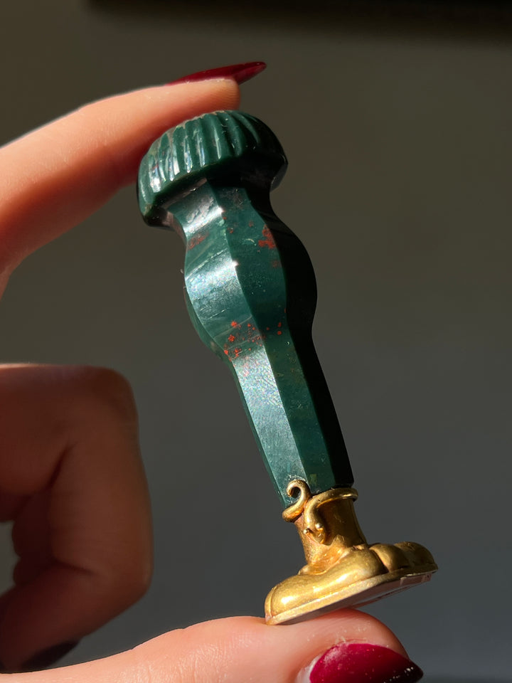 Antique bloodstone desk seal with 15ct gold snake embellishments and detailed handle design