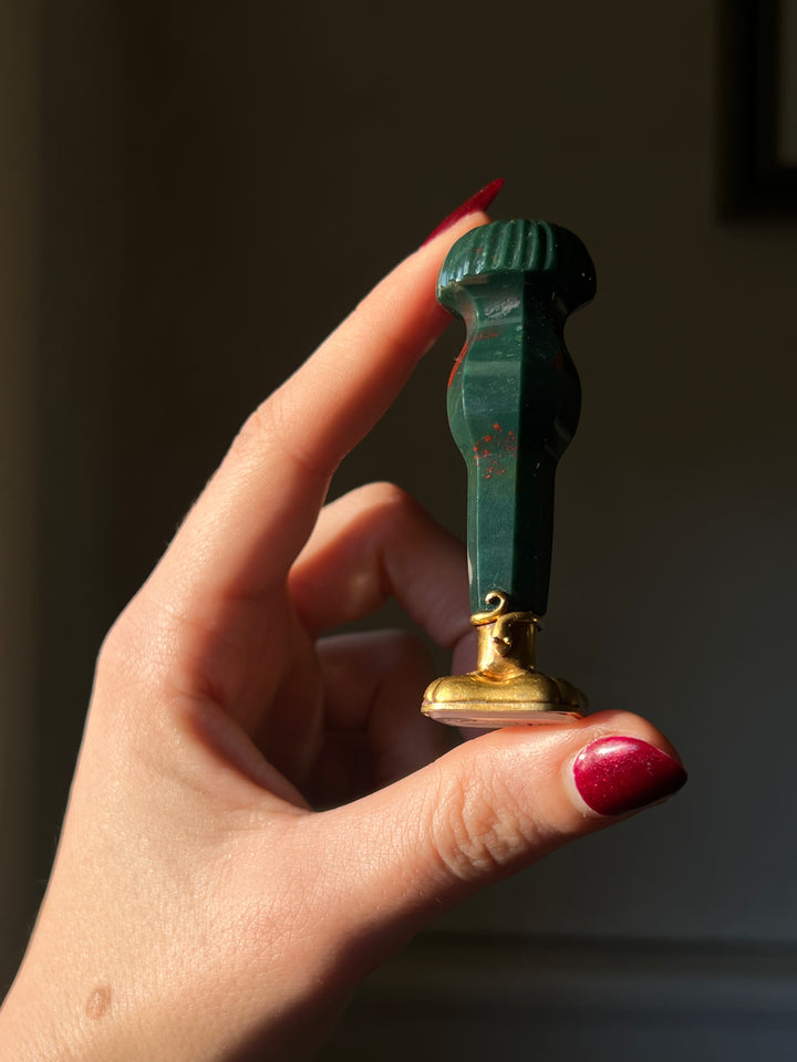 Antique bloodstone desk seal with 15ct gold snake embellishments and detailed handle design
