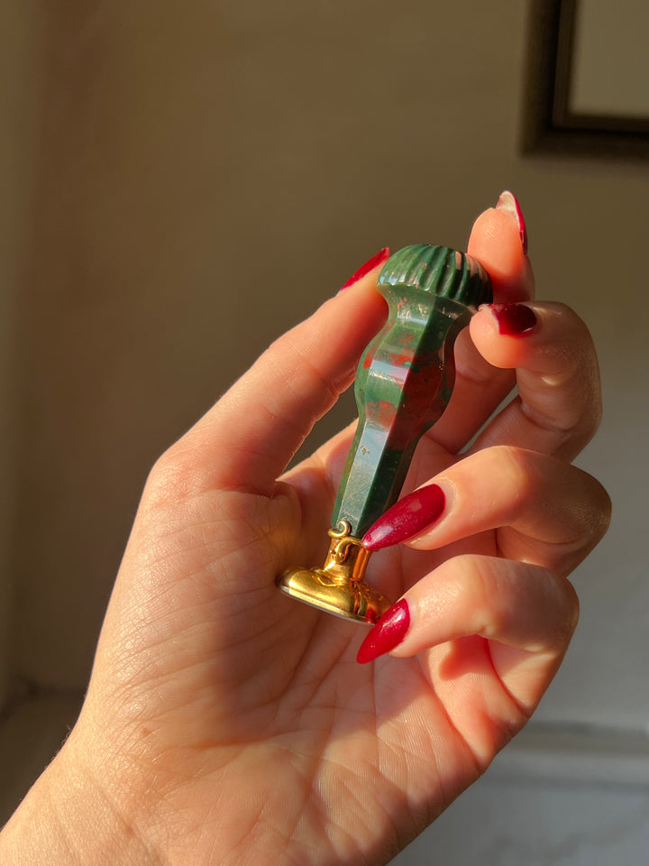 Antique bloodstone desk seal with 15ct gold snake embellishments and detailed handle design