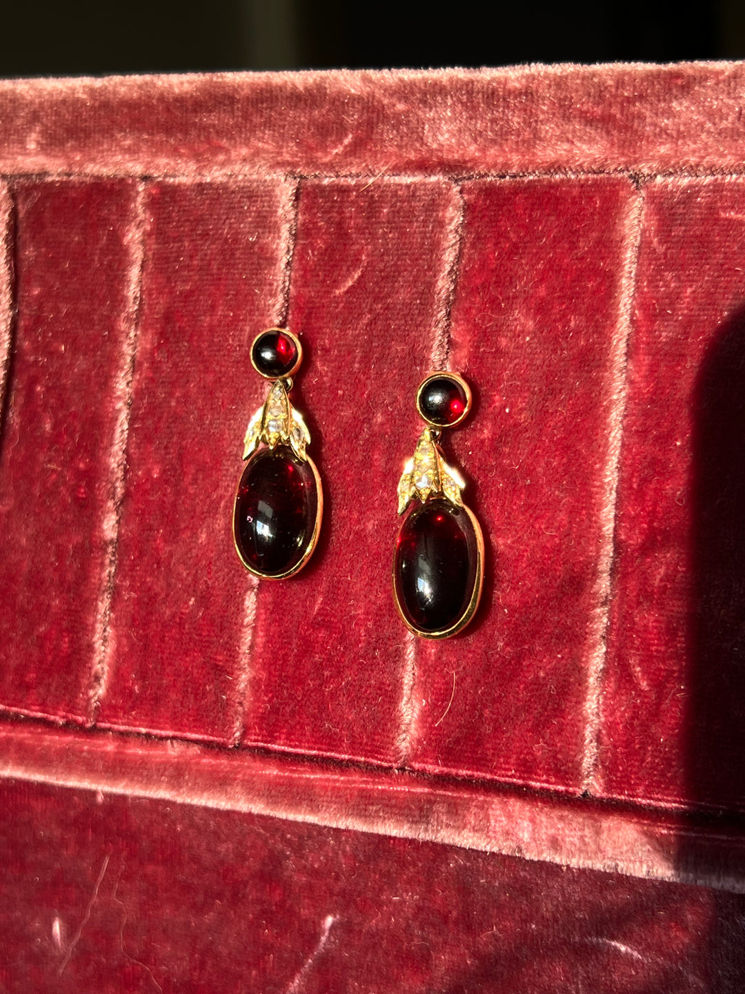 Exceptional 18ct English Cabochon Garnet and Diamond Earrings