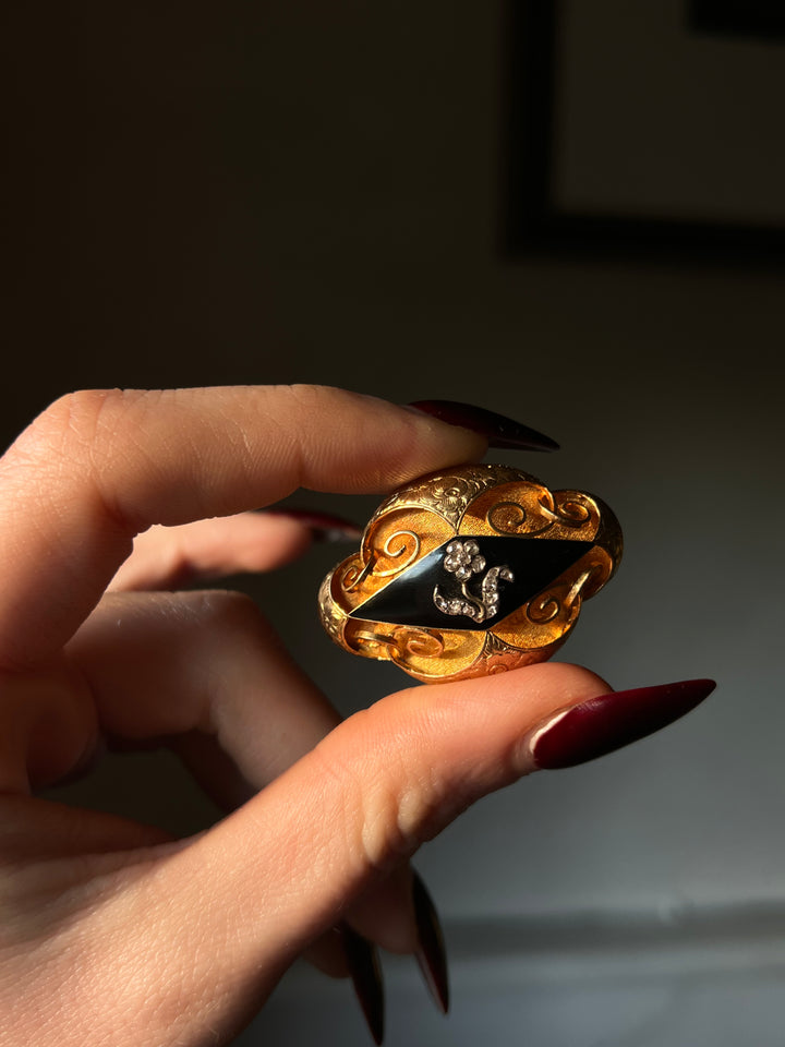 Black Enamel and Diamond Memorial Brooch