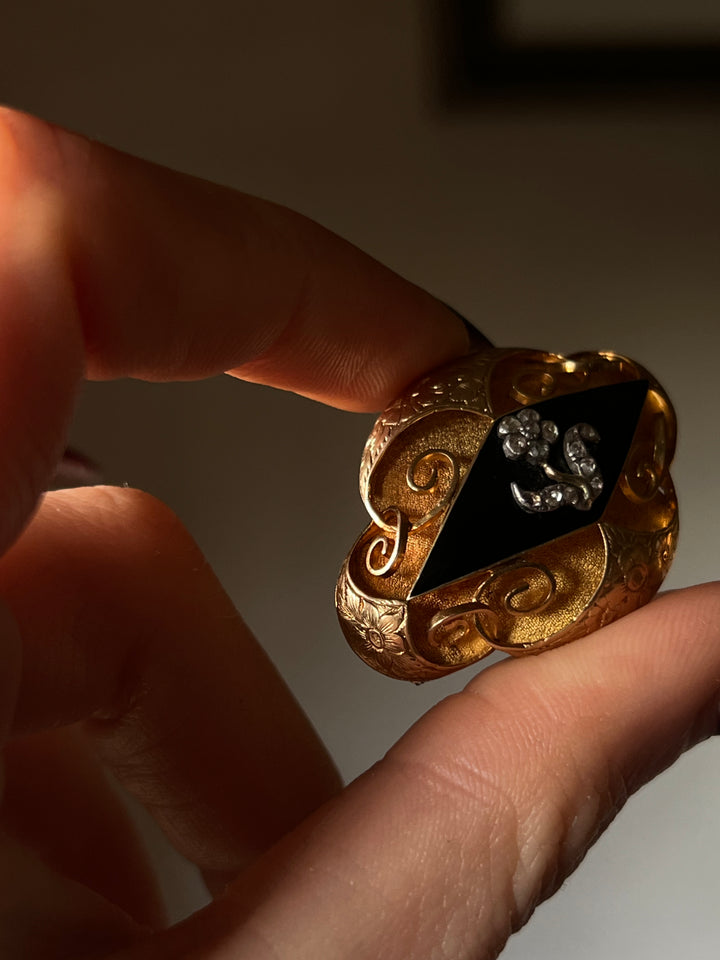 Black Enamel and Diamond Memorial Brooch