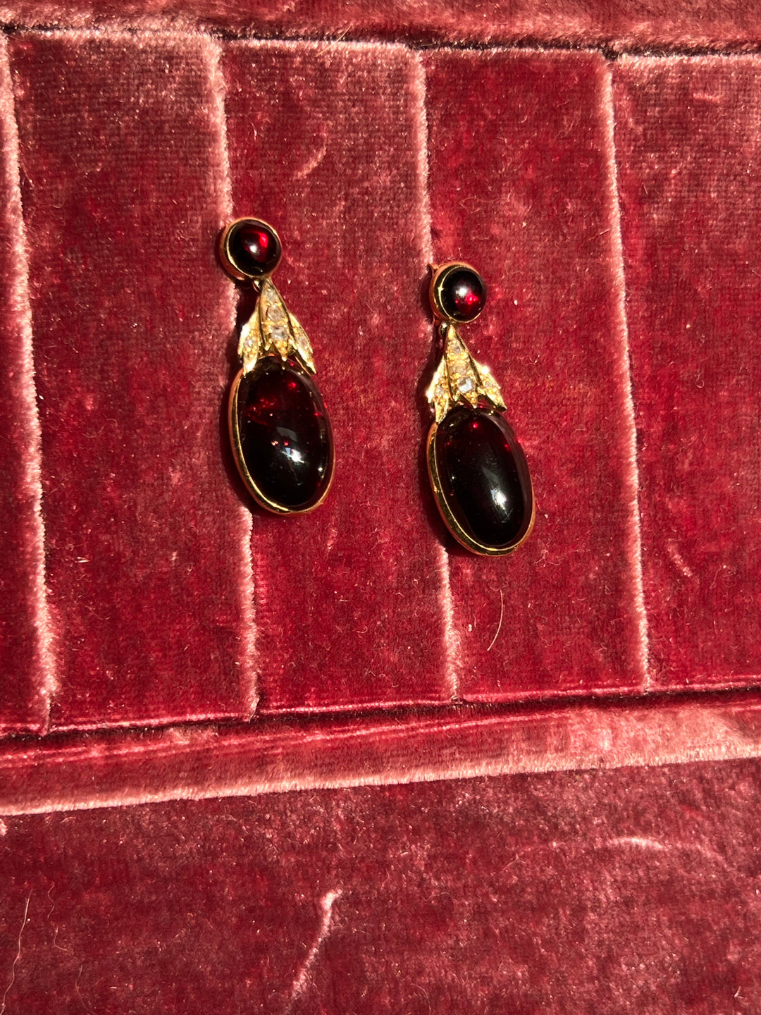 Exceptional 18ct English Cabochon Garnet and Diamond Earrings