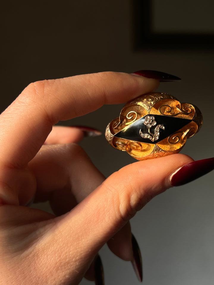 Black Enamel and Diamond Memorial Brooch