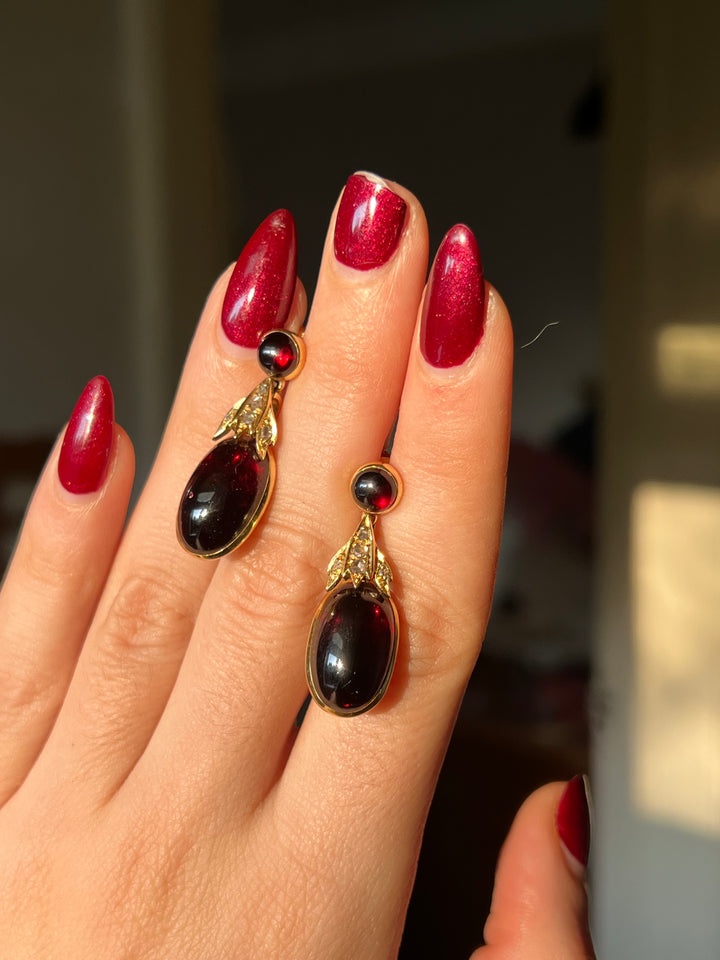 Exceptional 18ct English Cabochon Garnet and Diamond Earrings