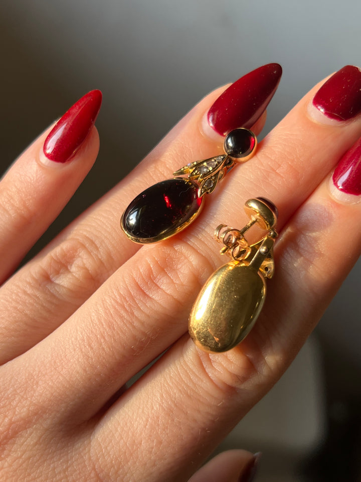 Exceptional 18ct English Cabochon Garnet and Diamond Earrings