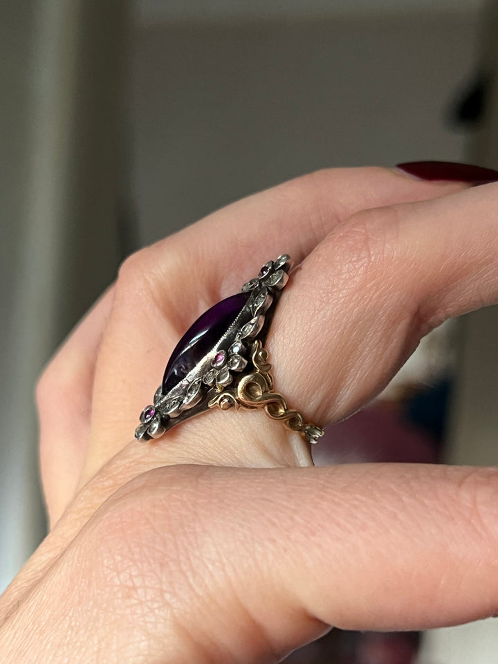 Amethyst and Diamond French Navette Ring