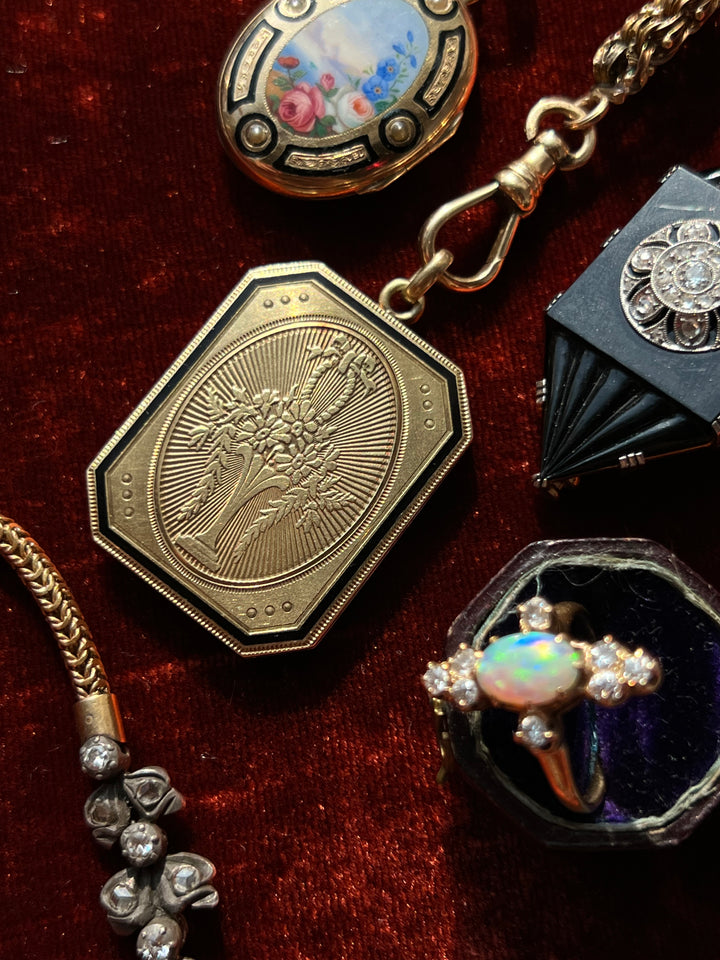 Outrageous Victorian Locket with Basket in Black Enamel