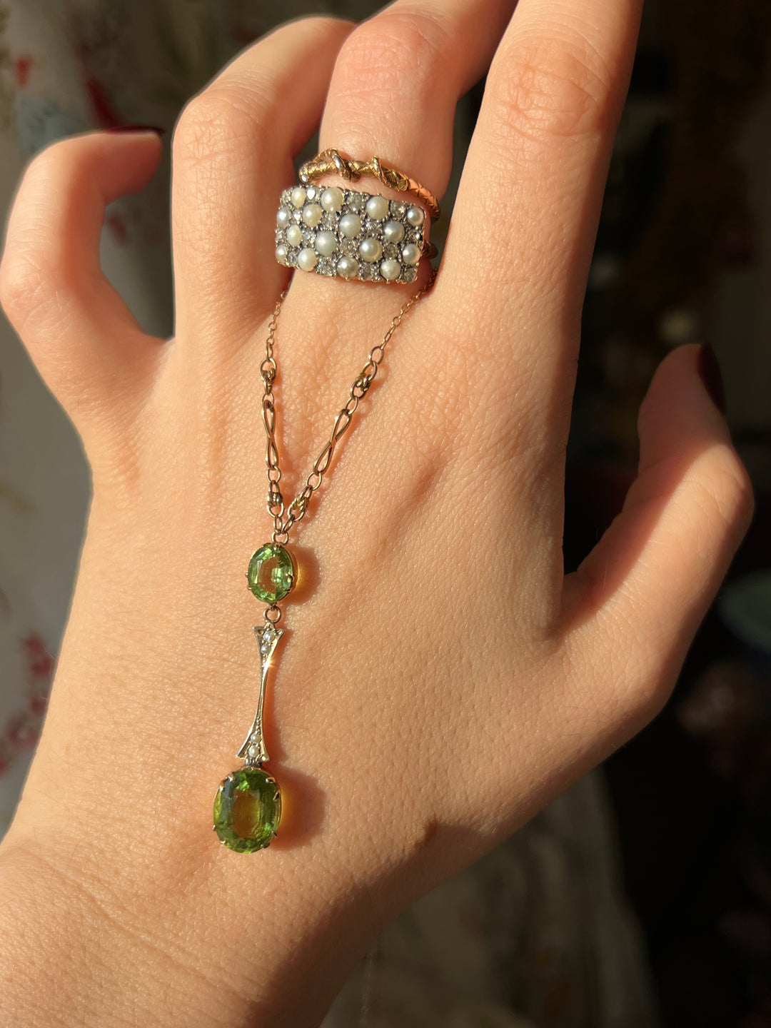 Peridot and Pearl Lavaliere Necklace