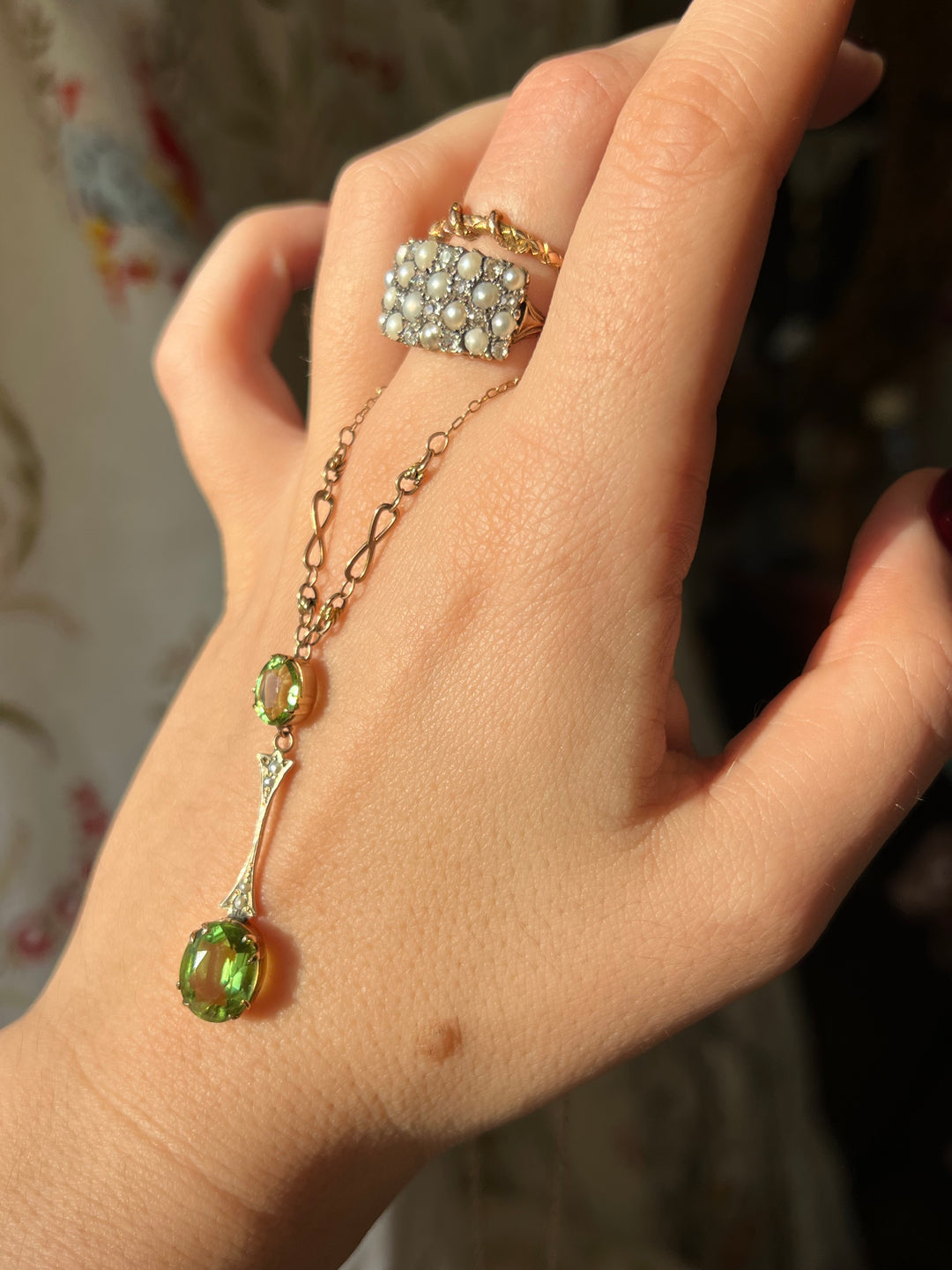 Peridot and Pearl Lavaliere Necklace