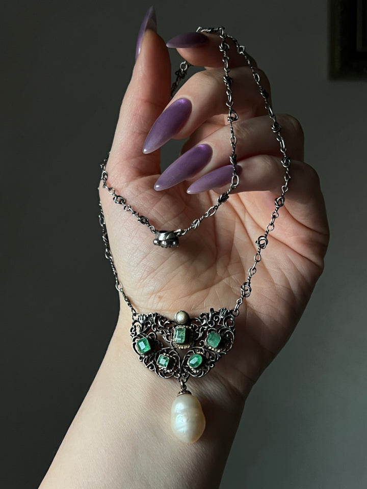 Emerald And Pearl Drop Necklace