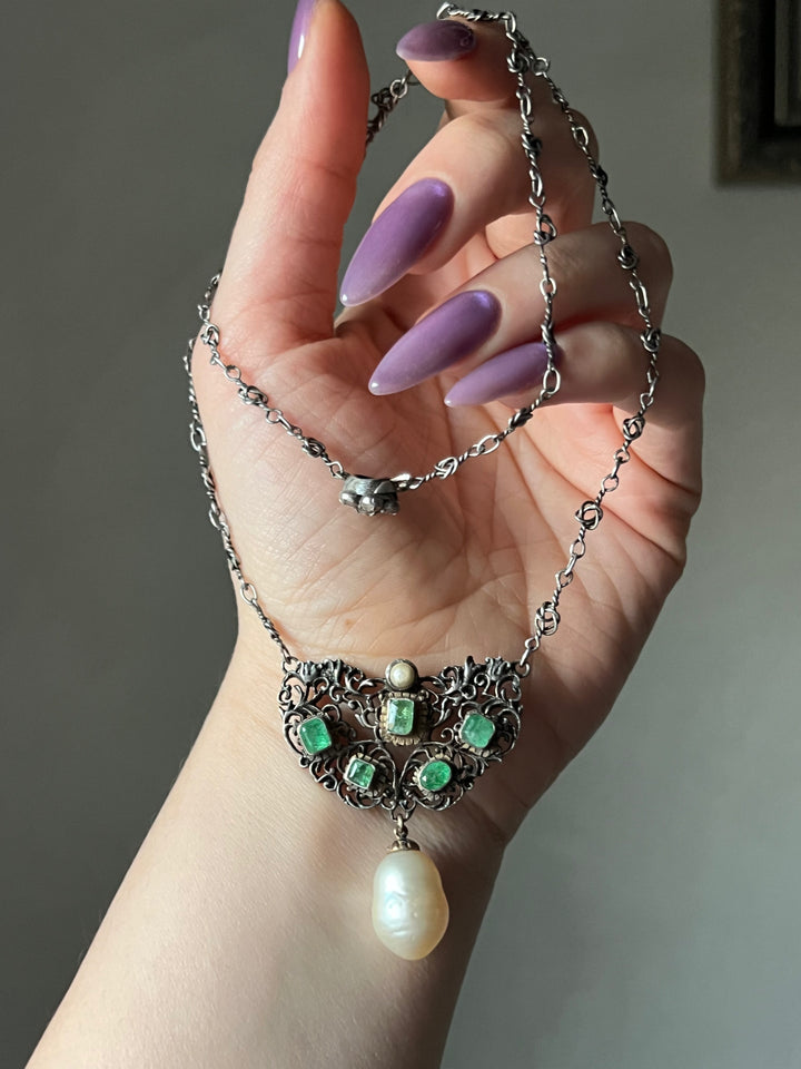 Emerald And Pearl Drop Necklace