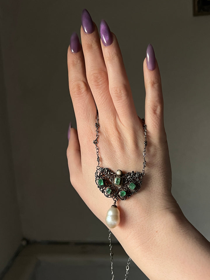 Emerald And Pearl Drop Necklace