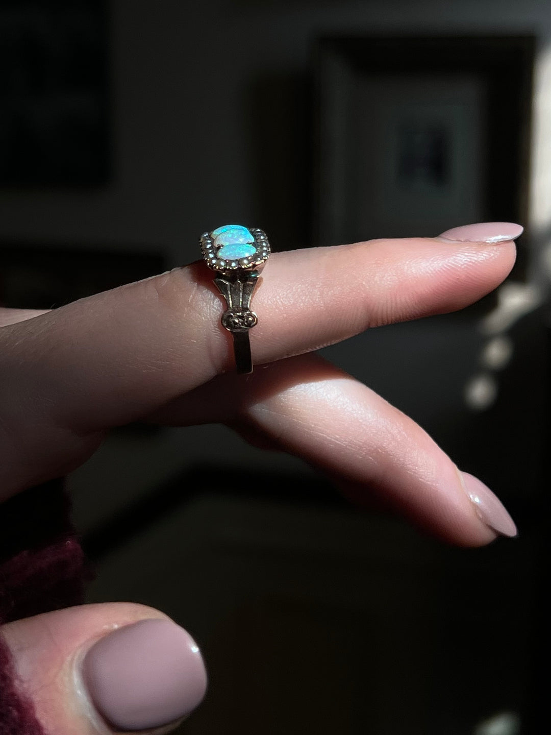 Victorian Opal and Pearl Three Stone Ring