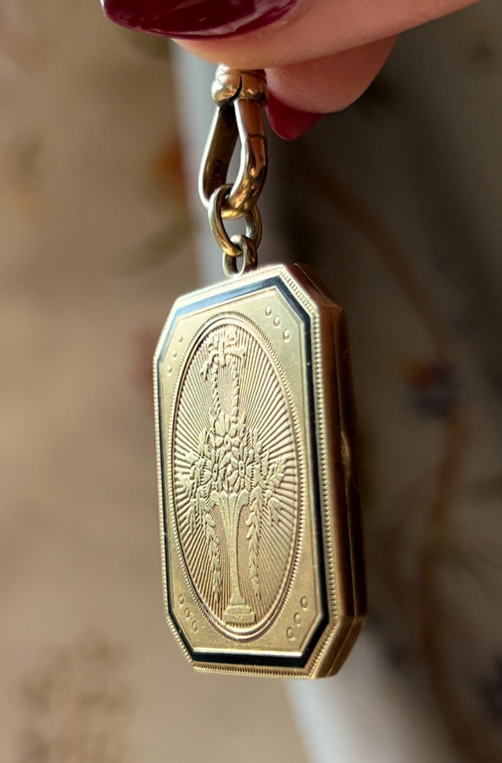 Outrageous Victorian Locket with Basket in Black Enamel