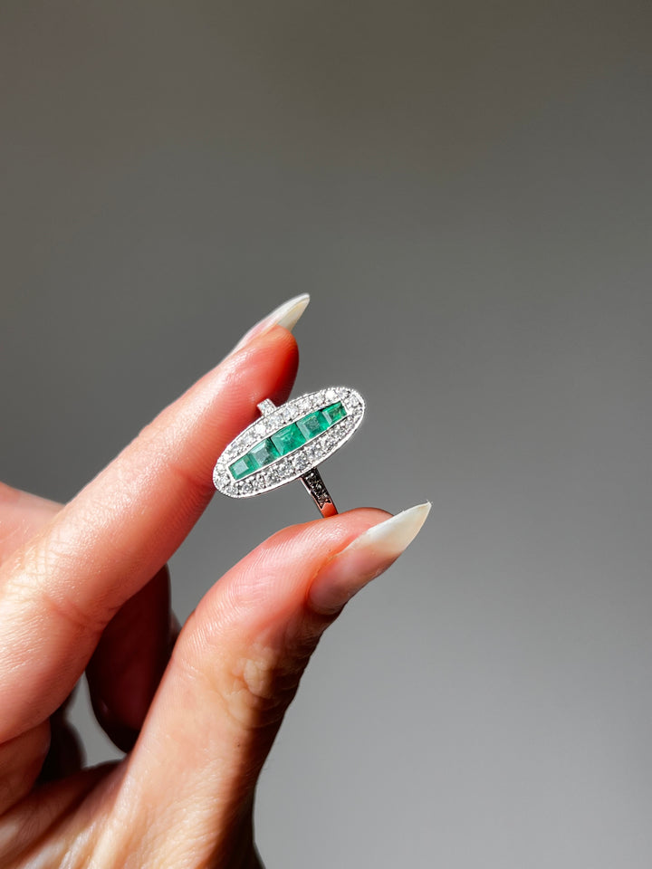 Emerald & Diamond Navette Ring in 18ct Birmingham Hallmarked 1933