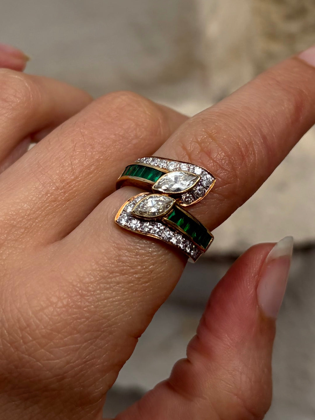 Marquise Diamond & Emerald Toi et Moi Ring in 18ct Yellow Gold, Circa 1980 3.48ctw